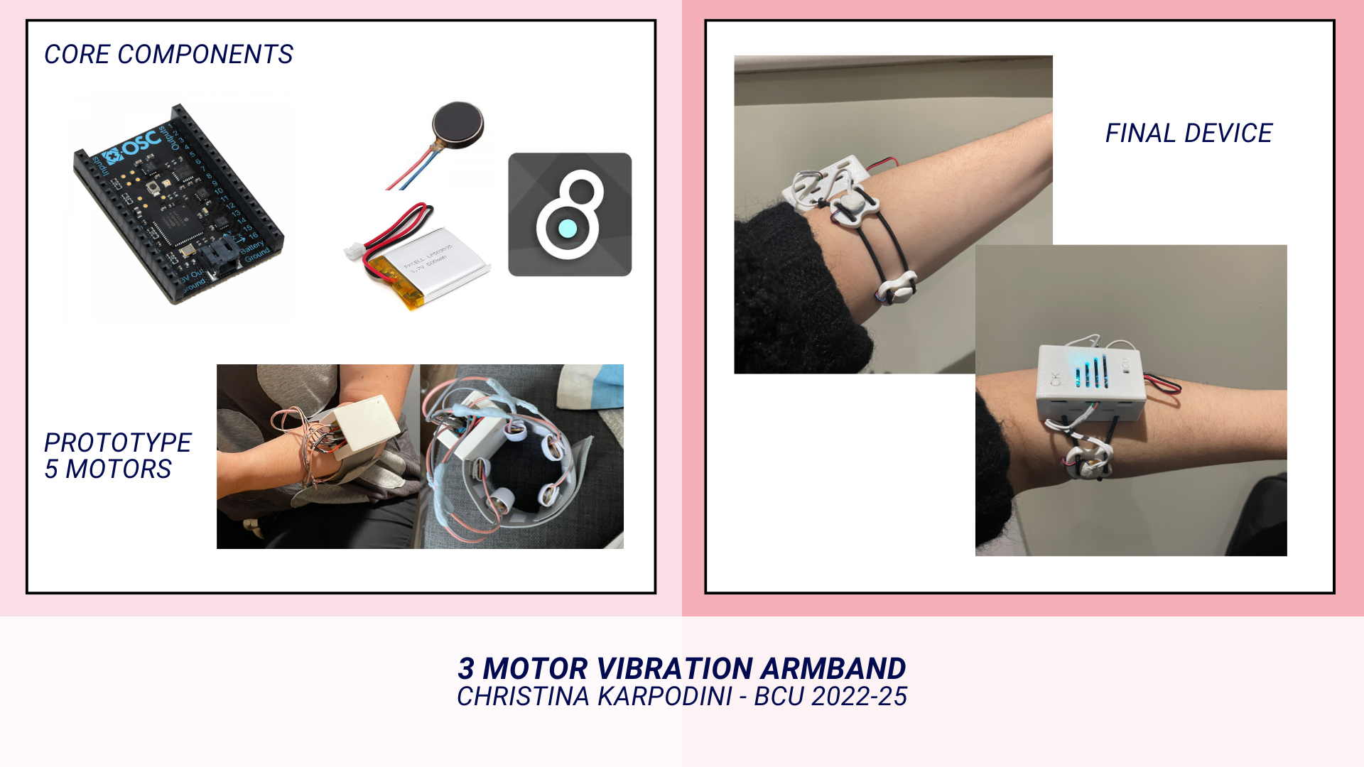 Poster presentation of the armband developement it contains photo of the core components of the vibrotactile feedback device, x-osc device, vibration motors, lipp battery and max msp software, following with the first prototype with 5 motors and the final device with 3d printed case and 3 motors